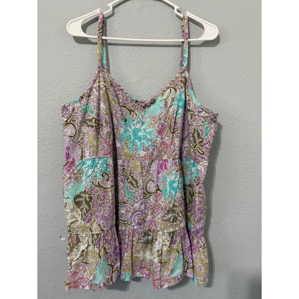 Fairy Venezia Top L‎ Purple Teal Paisley Floral Sequin Smocked Tiered Cami Boho